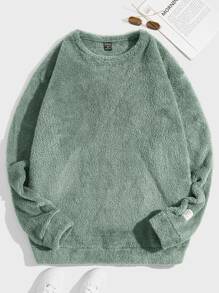 GENTILAND Oversized Men's Letter Patched Drop Shoulder Teddy Sweatshirt - Green - View 1