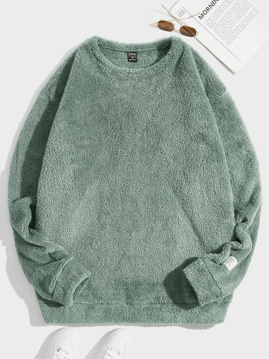 GENTILAND Oversized Men's Letter Patched Drop Shoulder Teddy Sweatshirt - Green - View 1