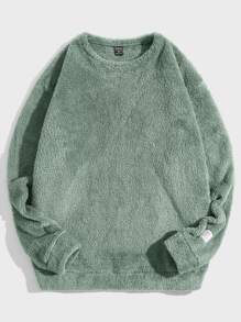 GENTILAND Oversized Men's Letter Patched Drop Shoulder Teddy Sweatshirt - Green - View 3