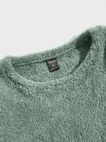 GENTILAND Oversized Men's Letter Patched Drop Shoulder Teddy Sweatshirt - Green - View 4