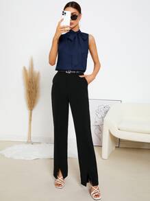 SHEIN Privé Áo không tay cổ buộc, áo không tay - Màu xanh hải quân - Xem 4