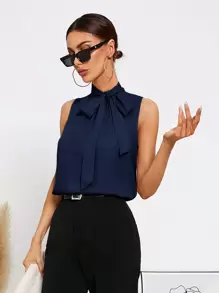 SHEIN Privé Áo không tay cổ buộc, áo không tay - Màu xanh hải quân - Xem 6