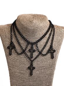1pc Gothic Style Hollow Out Cross Pendant Multilayer Chain Necklace For Women - Black - View 1