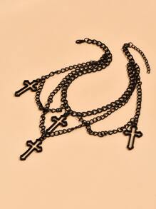 1pc Gothic Style Hollow Out Cross Pendant Multilayer Chain Necklace For Women - Black - View 2