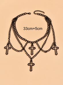 1pc Gothic Style Hollow Out Cross Pendant Multilayer Chain Necklace For Women - Black - View 3