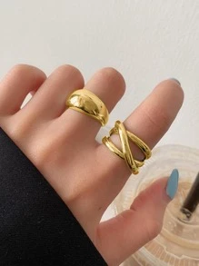 2 chiếc nhẫn chuỗi hình học phóng đại cổ điển dành cho nữ, thích hợp để đeo hàng ngày và làm quà tặng - Vàng - Xem 1