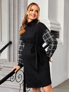 SHEIN Maternity Plaid Panel Drop Shoulder Belted Dress - Black - View 2