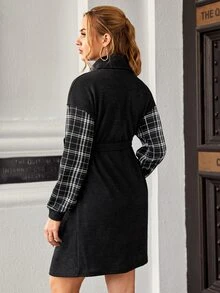 SHEIN Maternity Plaid Panel Drop Shoulder Belted Dress - Black - View 3