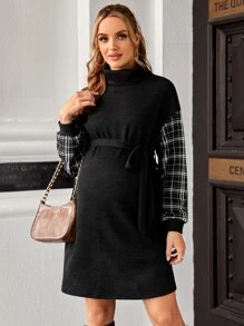 SHEIN Maternity Plaid Panel Drop Shoulder Belted Dress - Black - View 1