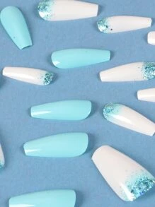 ROMWE 24pcs Long Square Glitter Fake Nail & 1sheet Tape - Baby Blue - View 4
