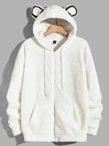 Manfinity EMRG Hombres Cazadora con bordado de oso con cremallera con capucha forro polar - Blanco - Ver 2