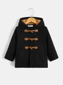 SHEIN Toddler Boys Duffle Button Slant Pockets Hooded Overcoat - Black - View 1
