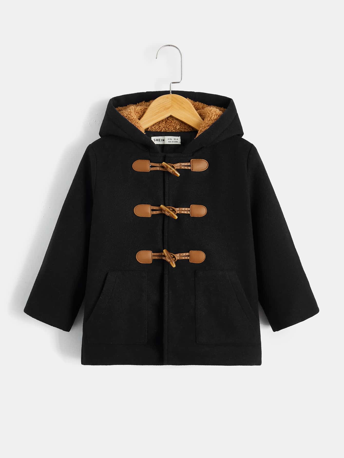 SHEIN Toddler Boys Duffle Button Slant Pockets Hooded Overcoat - Black - View 1