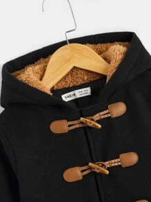 SHEIN Toddler Boys Duffle Button Slant Pockets Hooded Overcoat - Black - View 4
