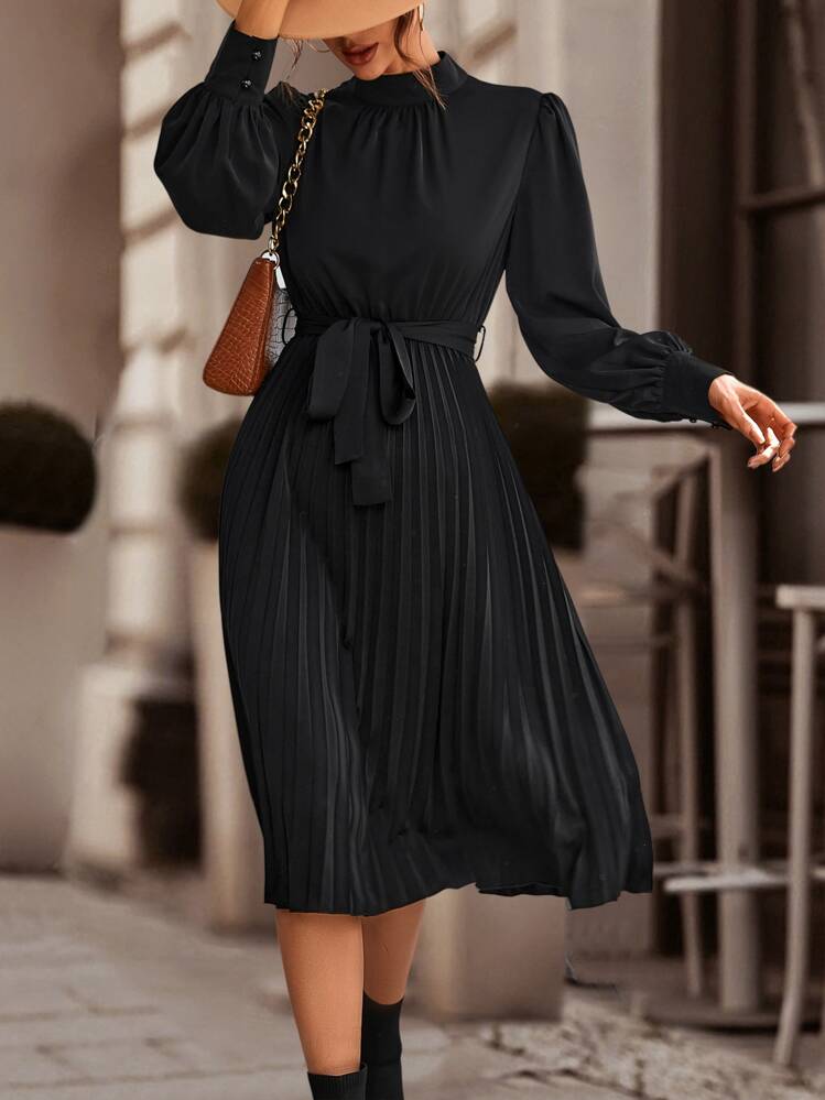 turtleneck flounce sleeve pleated hem belted dress SHEIN LUNE Mock Neck Lantern Sleeve Pleated Hem Belted Dress