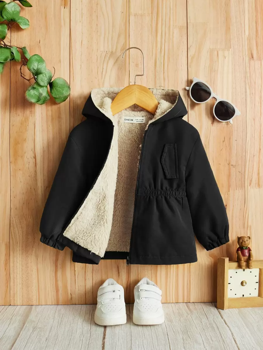 女寶寶純色長袖連帽抓絨拉鍊休閒外套,適合秋冬 - 黑色 - 查看 1