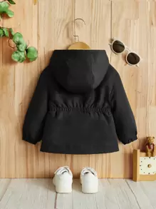 女寶寶純色長袖連帽抓絨拉鍊休閒外套,適合秋冬 - 黑色 - 查看 2