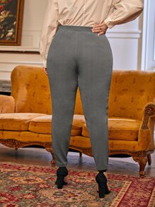 SHEIN Essnce Plus Fold Pleated Slant Pocket Trousers - Grey - View 3