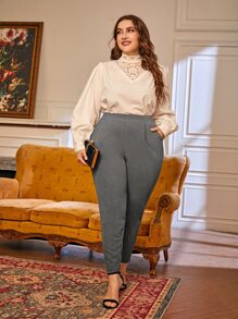 SHEIN Essnce Plus Fold Pleated Slant Pocket Trousers - Grey - View 5