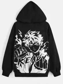 SHEIN Tween Boy Letter & Figure Graphic Drop Shoulder Drawstring Sweatshirt - Black - View 1