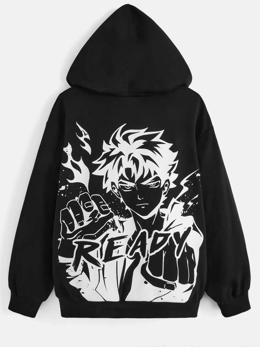 SHEIN Tween Boy Letter & Figure Graphic Drop Shoulder Drawstring Sweatshirt - Black - View 1