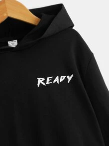 SHEIN Tween Boy Letter & Figure Graphic Drop Shoulder Drawstring Sweatshirt - Black - View 3