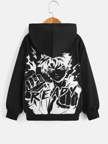 SHEIN Tween Boy Letter & Figure Graphic Drop Shoulder Drawstring Sweatshirt - Black - View 4