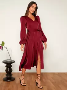 SHEIN Clasi Vestido con cinturón de manga farol de muslo con abertura - Burdeos - Ver 1
