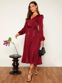 SHEIN Clasi Vestido con cinturón de manga farol de muslo con abertura - Burdeos - Ver 3