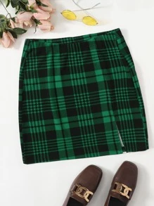 SHEIN Essnce Slit Hem Plaid Skirt - Green - View 1