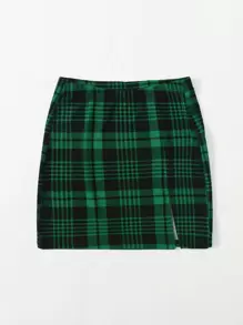 SHEIN Essnce Slit Hem Plaid Skirt - Green - View 3