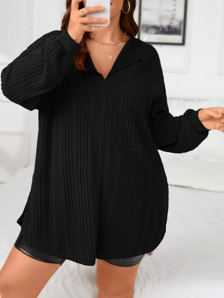 SHEIN Essnce Áo thun Plus size Chia Gân đan màu trơn Giải trí - màu đen - Xem 1