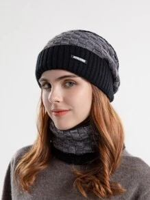 1 chiếc mũ len đan len tương phản cho nữ mùa đông thường ngày - màu đen - Xem 1