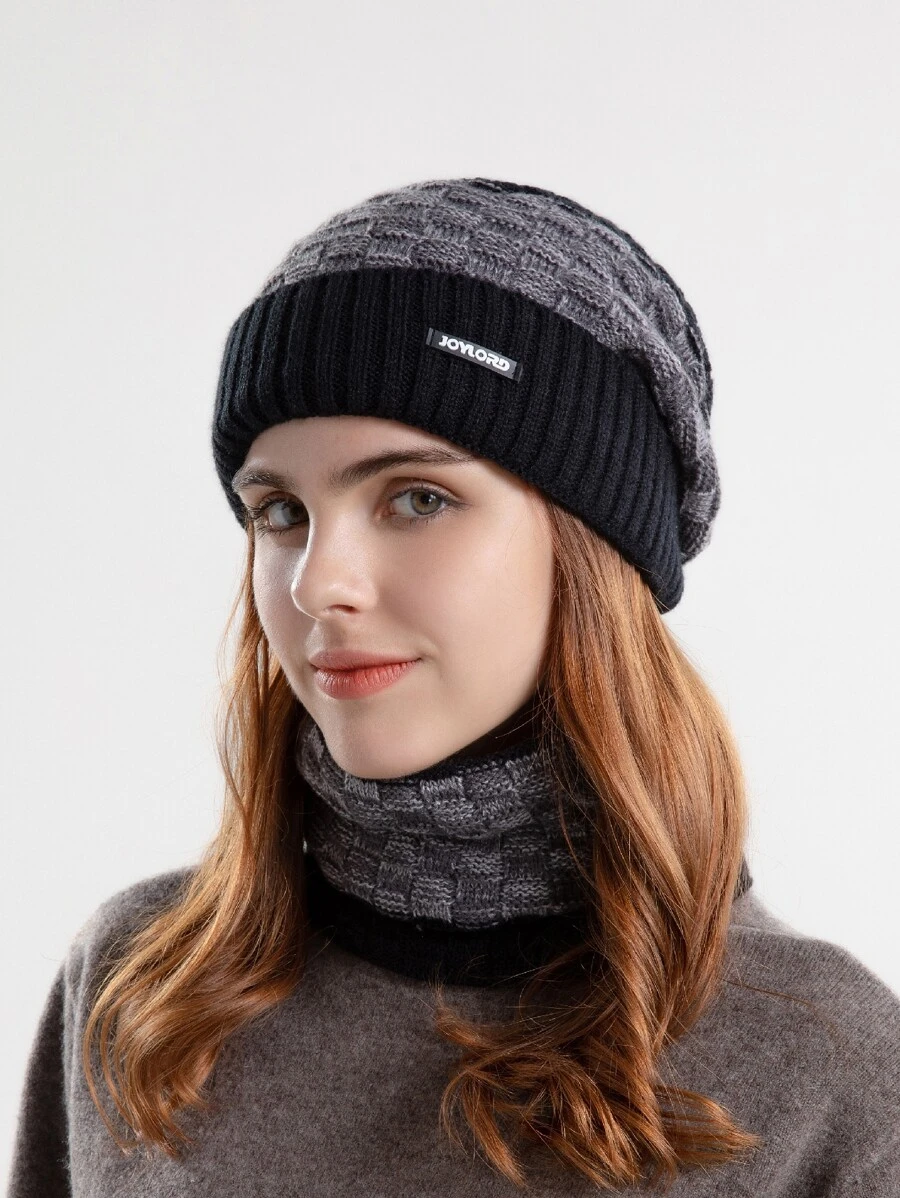 1 chiếc mũ len đan len tương phản cho nữ mùa đông thường ngày - màu đen - Xem 1