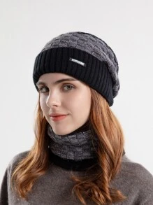 1 chiếc mũ len đan len tương phản cho nữ mùa đông thường ngày - màu đen - Xem 2