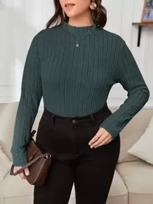 SHEIN Essnce Plus Ribbed Knit Mock Neck Tee - Dark Green - View 1
