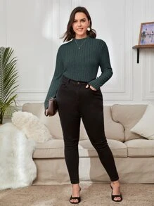 SHEIN Essnce Plus Ribbed Knit Mock Neck Tee - Dark Green - View 3