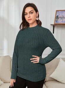 SHEIN Essnce Plus Ribbed Knit Mock Neck Tee - Dark Green - View 4