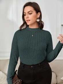 SHEIN Essnce Plus Ribbed Knit Mock Neck Tee - Dark Green - View 6