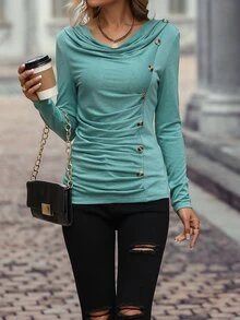 SHEIN Unity Draped Collar Ruched Button Detail Tee - Cadet Blue - View 3