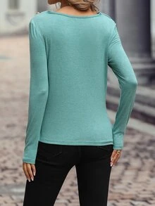 SHEIN Unity Draped Collar Ruched Button Detail Tee - Cadet Blue - View 2