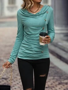 SHEIN Unity Draped Collar Ruched Button Detail Tee - Cadet Blue - View 4