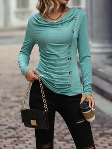 SHEIN Unity Draped Collar Ruched Button Detail Tee - Cadet Blue - View 5