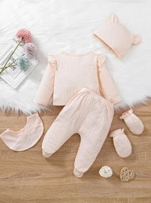 Baby Ruffle Trim Sleep Top & Footed Sleep Trousers - Apricot - View 2