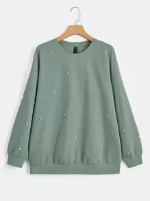 EMERY ROSE Plus Drop Shoulder Pearl Beaded Pullover - Mint Green - View 1