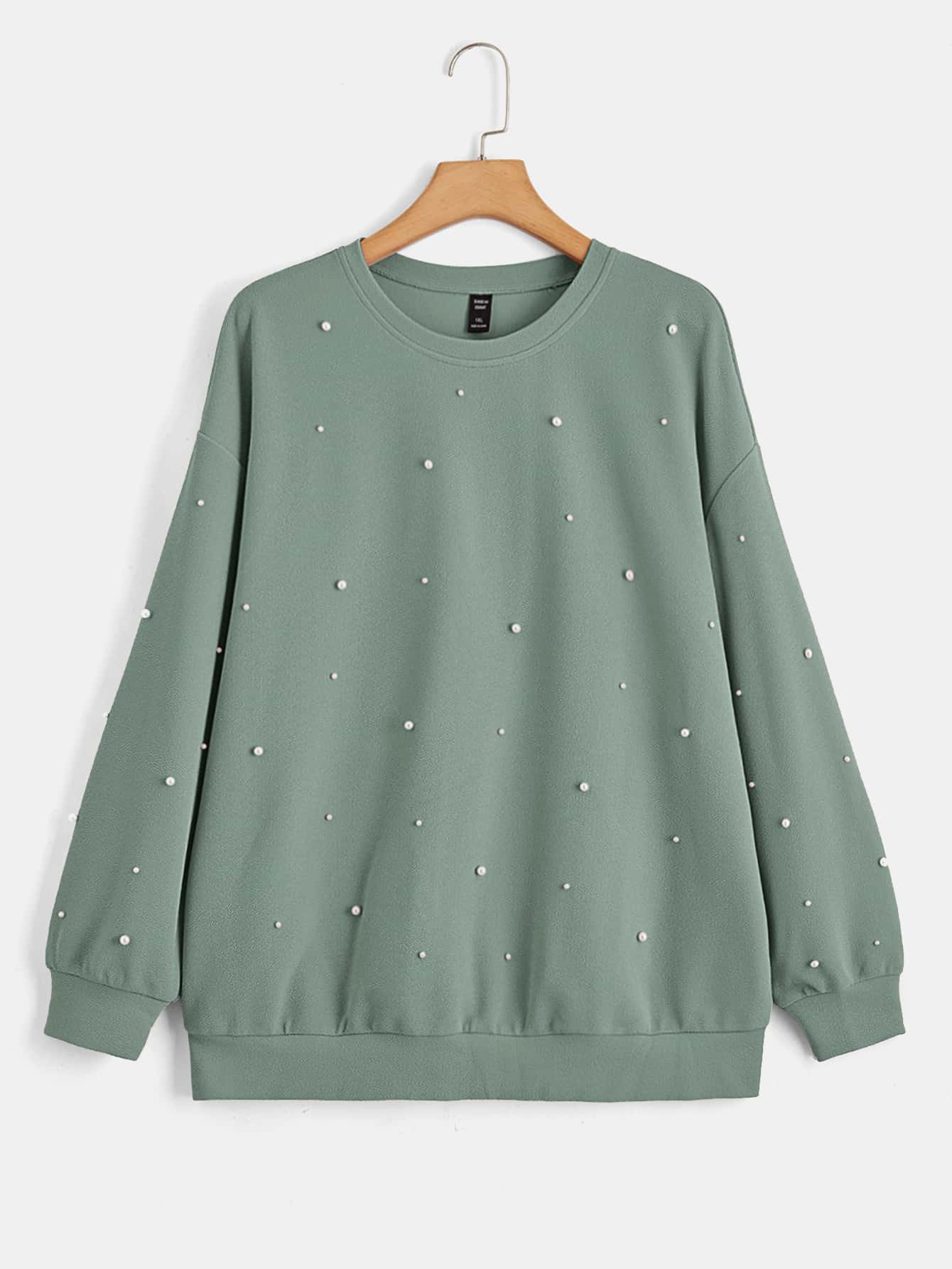 EMERY ROSE Plus Drop Shoulder Pearl Beaded Pullover - Mint Green - View 1