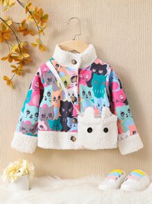 Toddler Girls Cat Print Teddy Panel Jacket & Bag - Multicolor - View 1