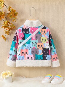 Toddler Girls Cat Print Teddy Panel Jacket & Bag - Multicolor - View 2