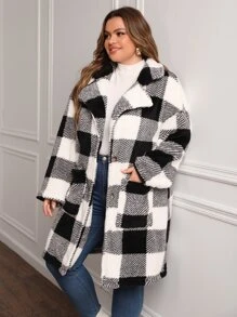 SHEIN LUNE Abrigo teddy con estampado de cuadros de hombros caídos - Blanco y Negro - Ver 3