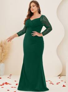 大碼網紗拼接雞心領口魚尾裙下擺正式連衣裙 - 墨綠色 - 查看 1